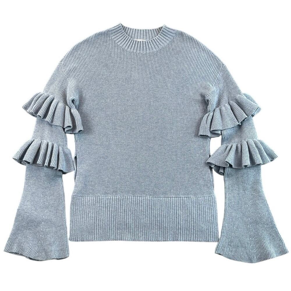 LPA Baby Blue Ruffle Sleeve Ribbed Cotton Cashmere Sweater Women’s L